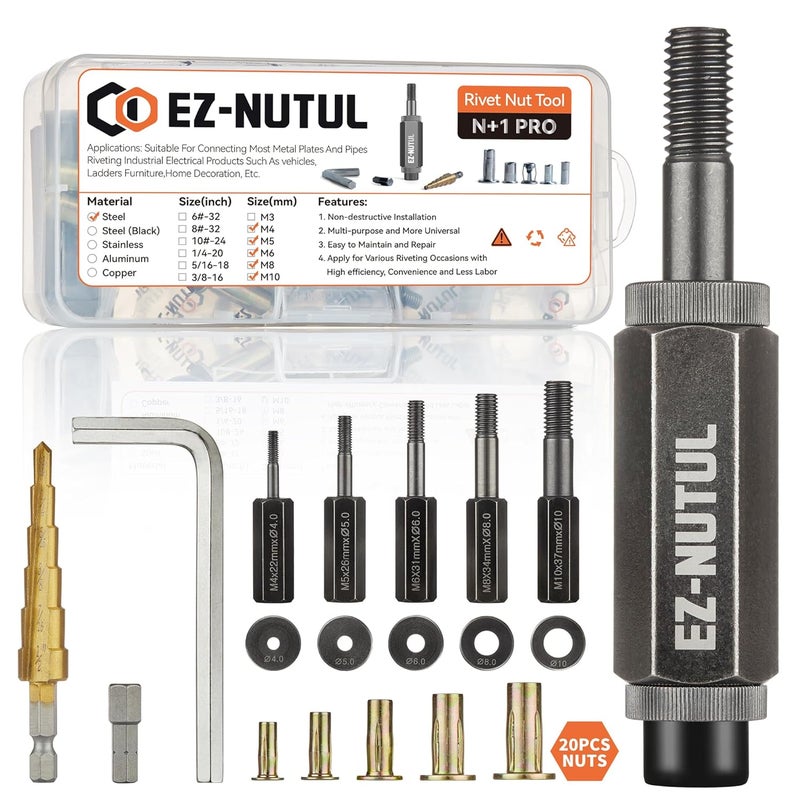 EZ-NUTUL مجموعة أدوات تركيب صمولة ريفيت متعددة القبضات مع عمود مسبق التشكيل ورأس مسطح وصمولة مدخلة مع مجموعة صمامات متنوعة ريفنوت للبناء الصناعي (مجموعة أدوات صمولة مقياس زائد) - Image 1